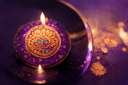 Happy Diwali Festival Card with Gold Diya on Purple Background Design