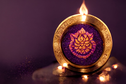 Happy Diwali Greeting Card with Gold Diya on Purple Background Image