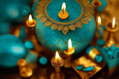 Happy Diwali Gold Diya on Turquoise Background Image