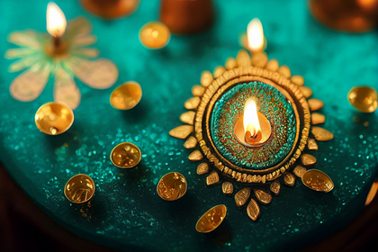 Happy Diwali Festival Card with Gold Diya on Turquoise Background Design