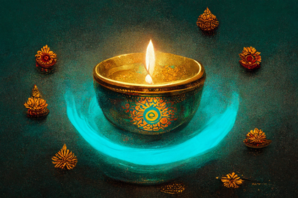 Happy Diwali Greeting Card with Gold Diya on Turquoise Background Image
