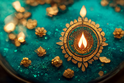 Happy Diwali Gold Diya on Turquoise Background