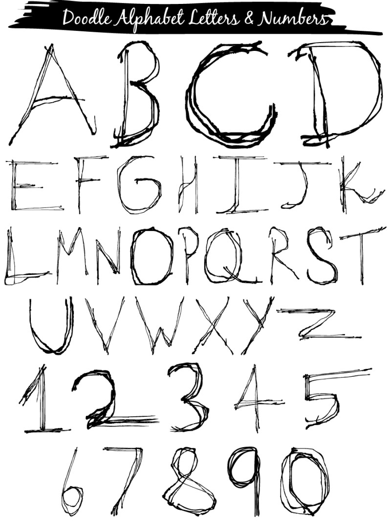 Doodle Alphabet Letters and Numbers Vector and Photoshop Brush Pack-01