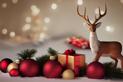 Christmas Background with Deer and Ball Ornaments