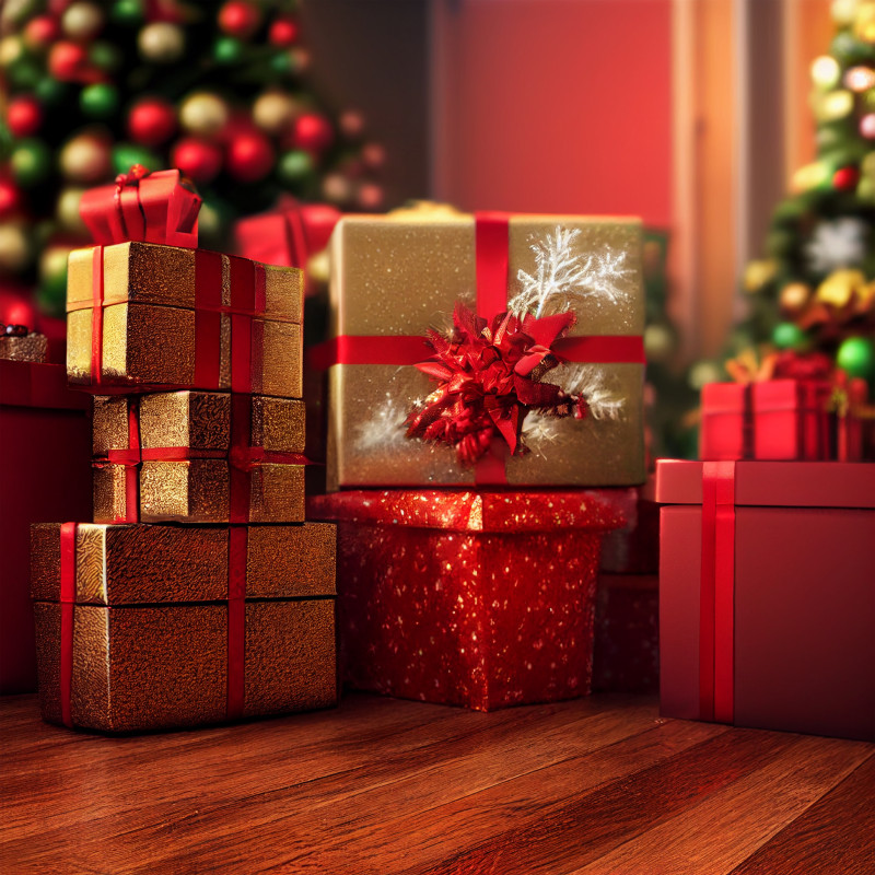 Christmas Presents on Wooden Background