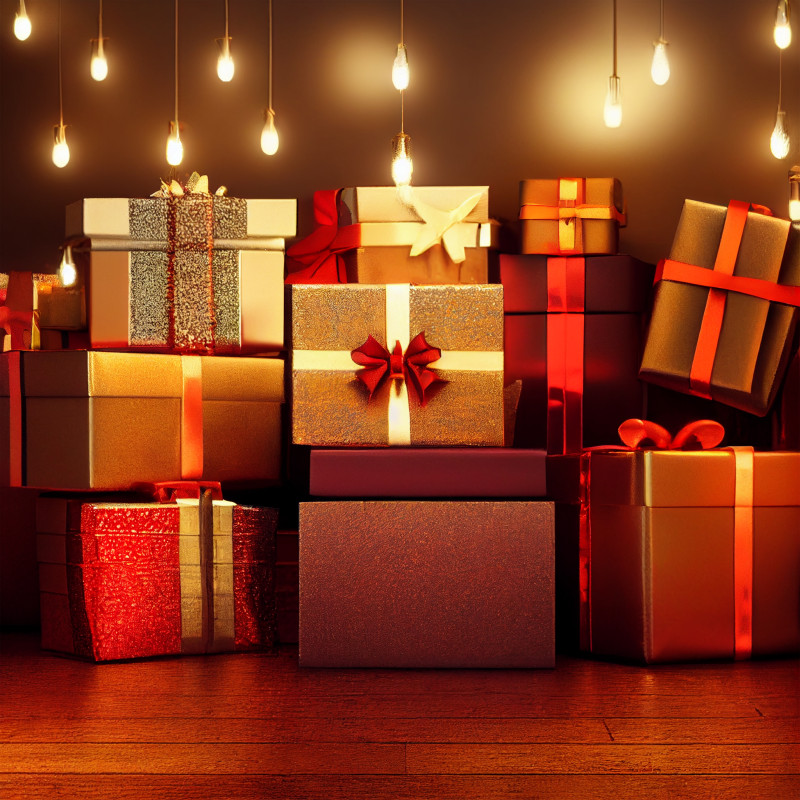 Christmas Presents on Wooden Background Image