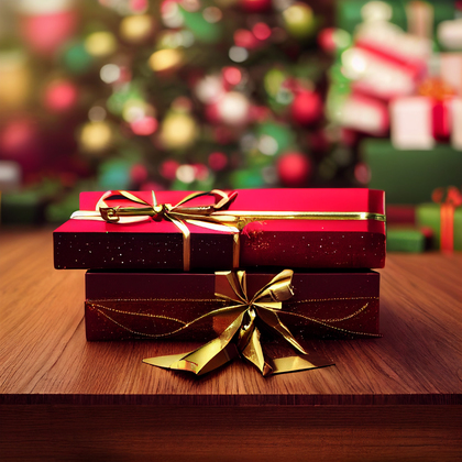 Christmas Gift Box on Wooden Background Image