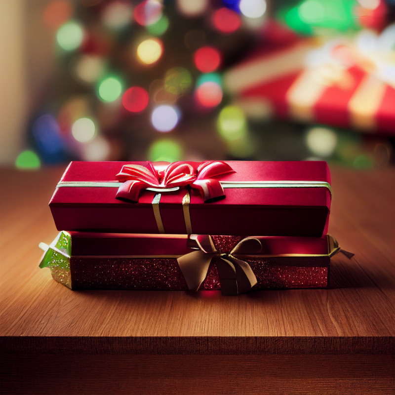 Christmas Presents on Wooden Background Image