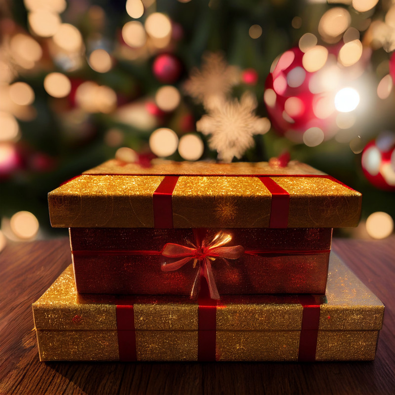 Christmas Presents on Wooden Background