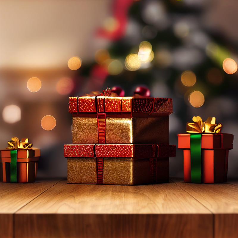 Christmas Gift Box on Wooden Floor Image