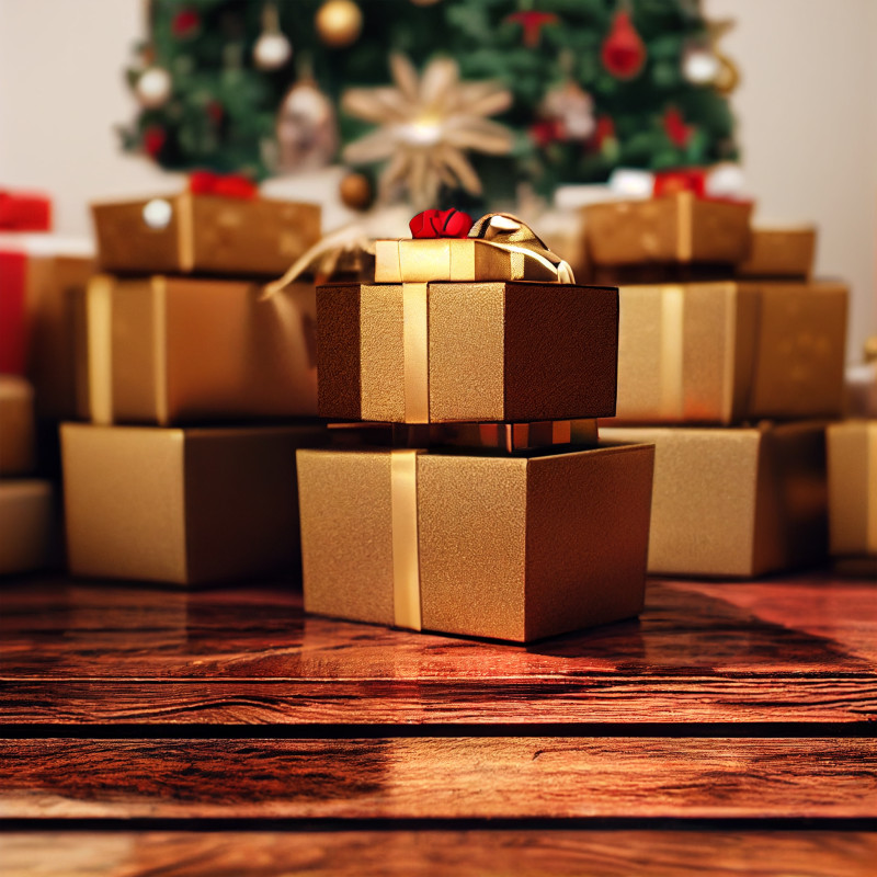 Christmas Gift Box on Wooden Background Image