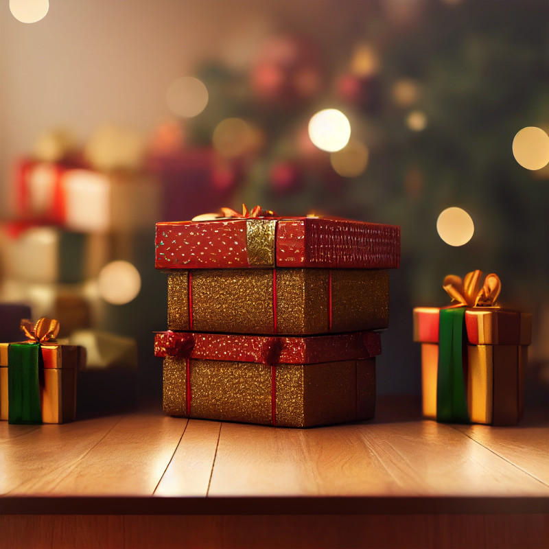 Christmas Presents on Wooden Background Image