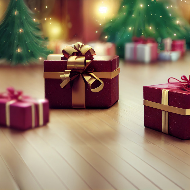 Christmas Gift Box on Wooden Floor