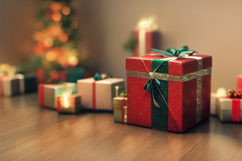 Christmas Presents on Wooden Background