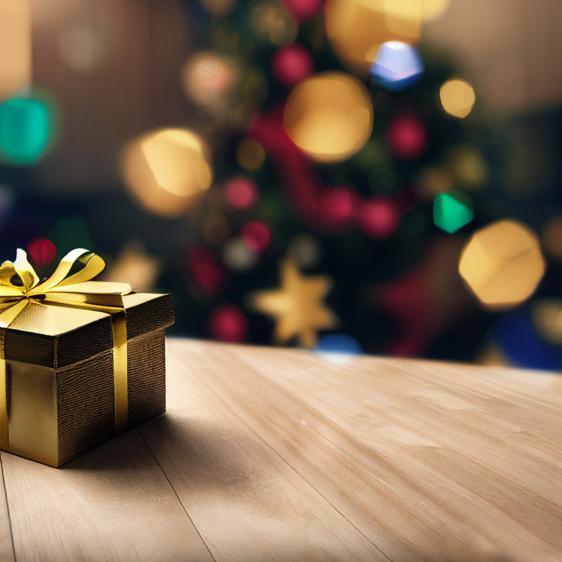 Christmas Presents on Wooden Background Image