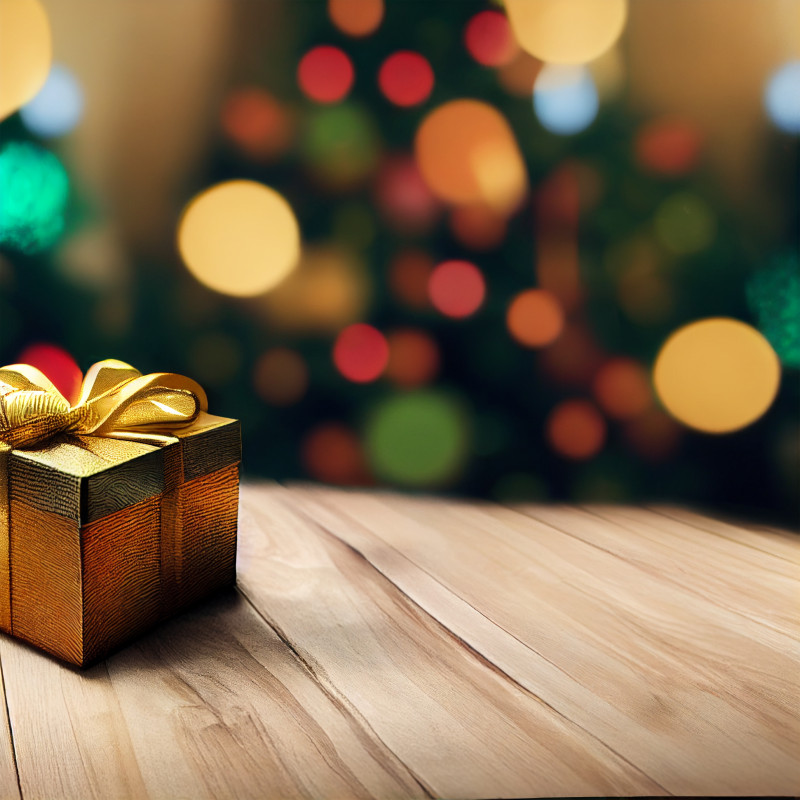 Christmas Gift Box on Wooden Floor