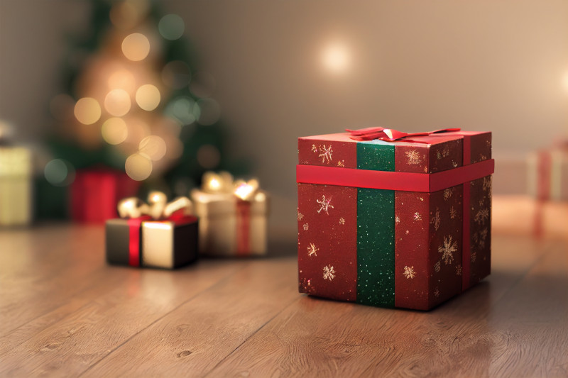 Christmas Gift Box on Wooden Floor Image