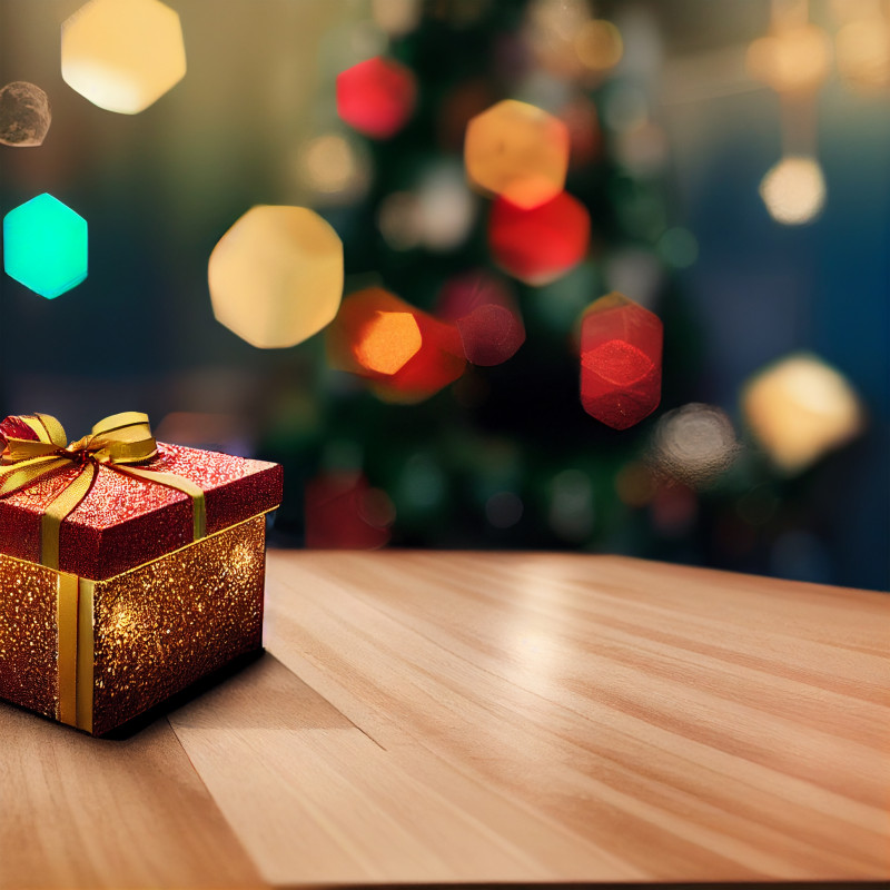 Christmas Gift Box on Wooden Background Image