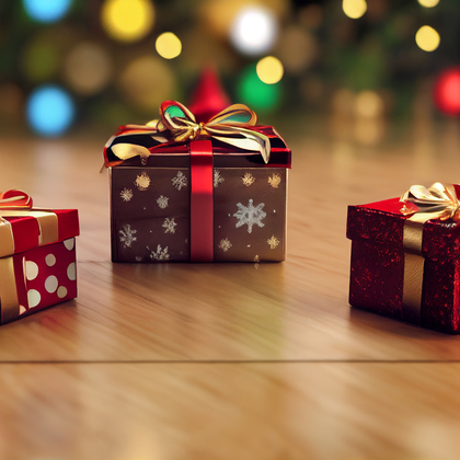 Christmas Presents on Wooden Background Image