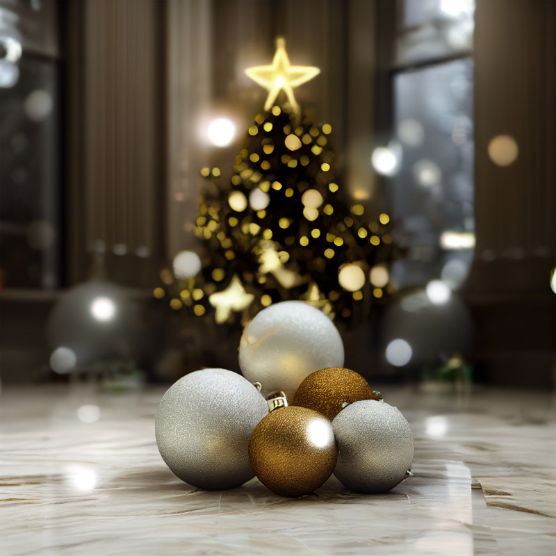 Christmas Tree with Ball Ornaments on Marble Floor Image