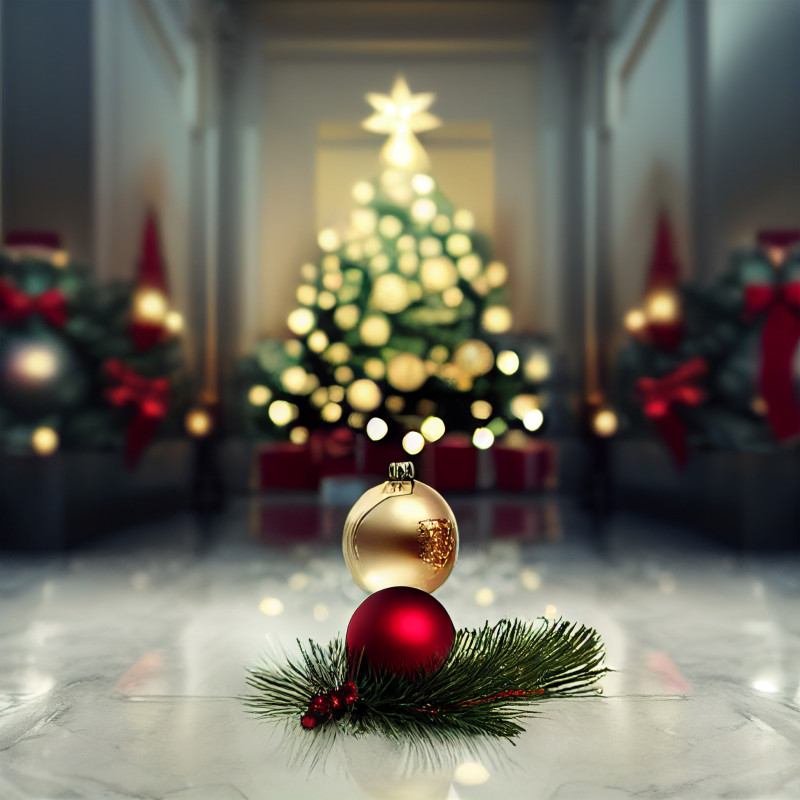 Christmas Tree with Ball Ornaments on Marble Floor