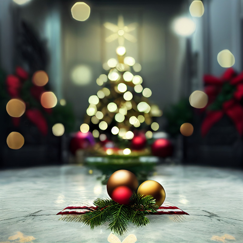 Christmas Tree with Ball Ornaments on Marble Floor