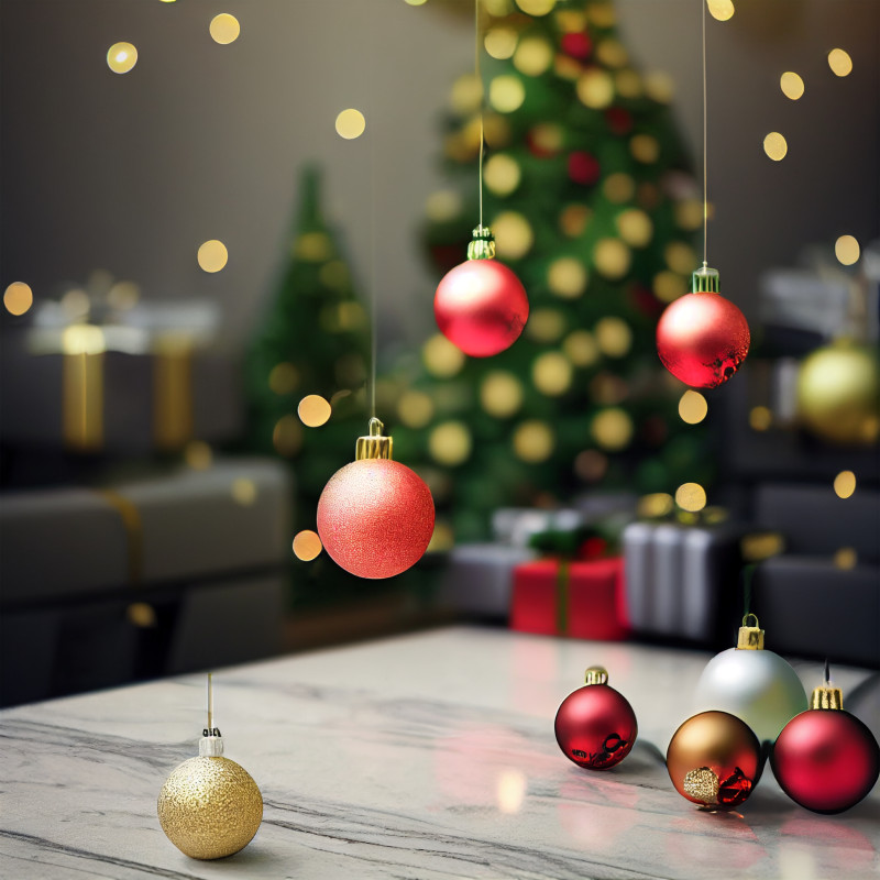 Christmas Tree with Ball Ornaments on Marble Floor Image