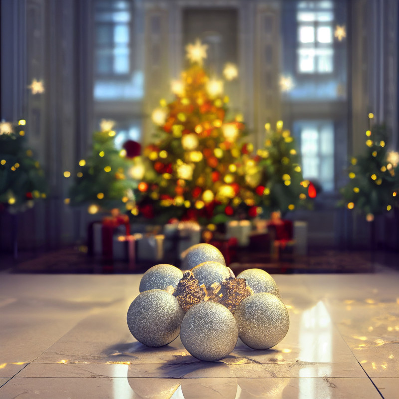 Christmas Tree with Ball Ornaments on Marble Floor Image
