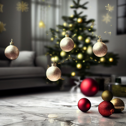 Christmas Tree with Ball Ornaments on Marble Floor