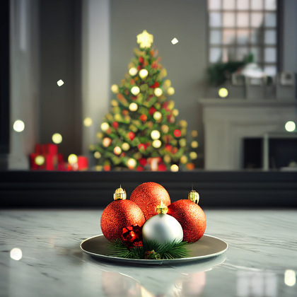 Christmas Tree with Ball Ornaments on Marble Floor Image