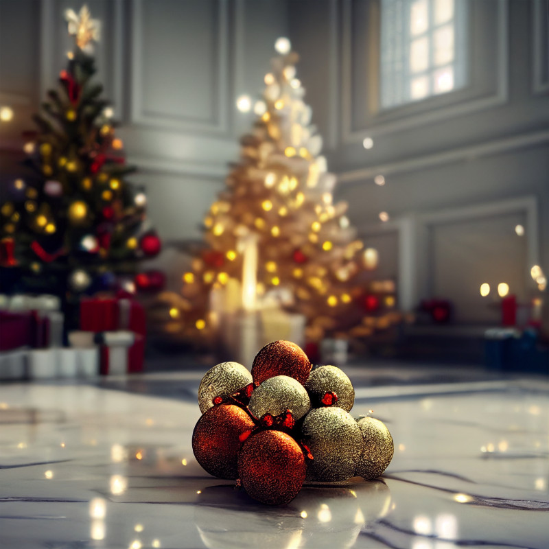 Christmas Tree with Ball Ornaments on Marble Floor Image