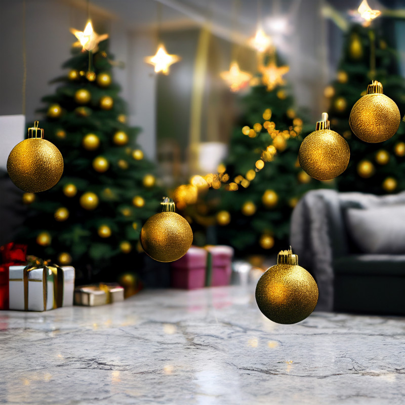 Christmas Tree with Ball Ornaments on Marble Floor Image