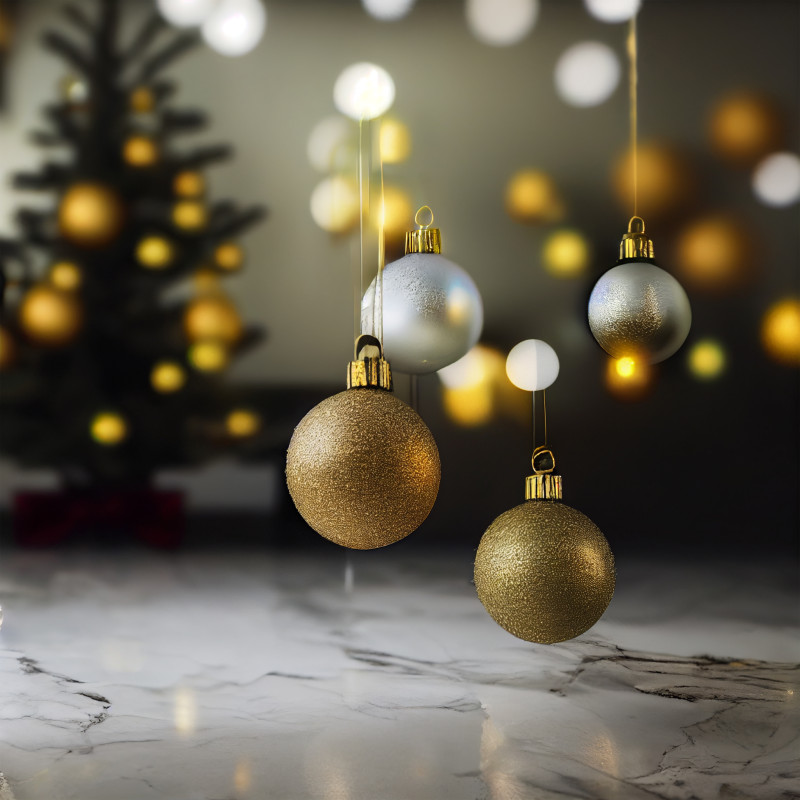 Christmas Tree with Ball Ornaments on Marble Floor Image