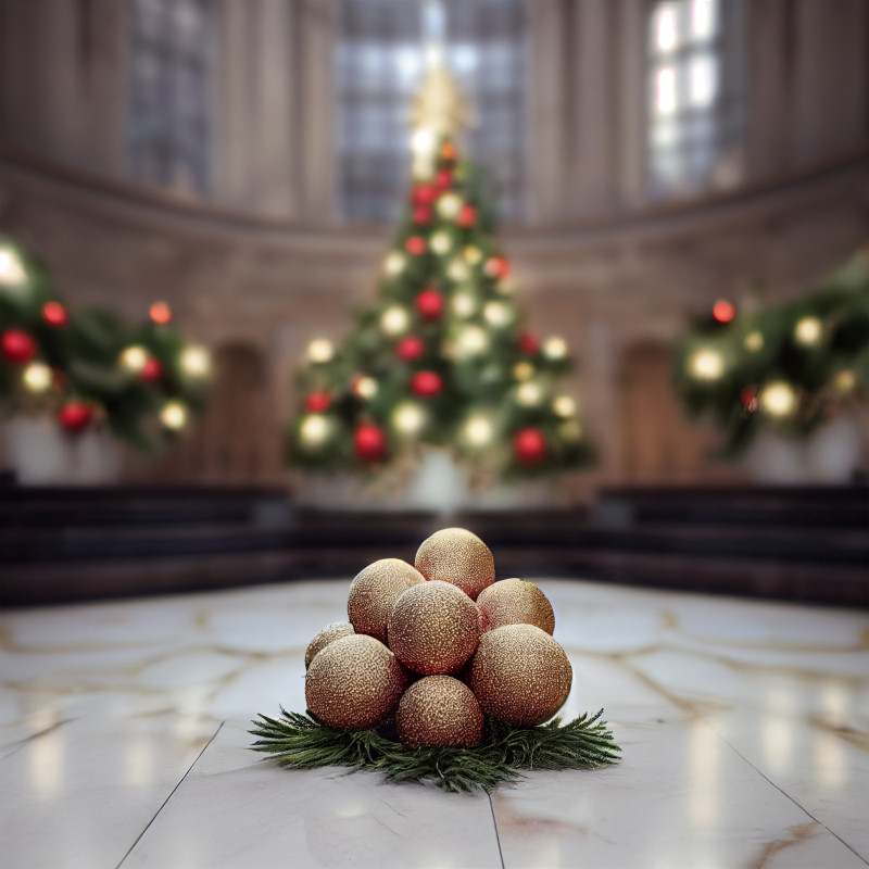 Christmas Tree with Ball Ornaments on Marble Floor Image
