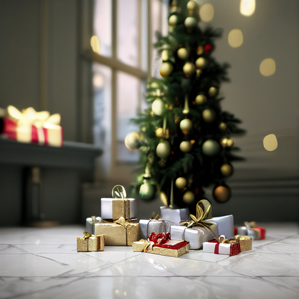 Christmas Tree with Presents on Marble Floor Image
