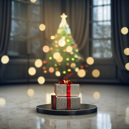 Christmas Tree with Presents on Marble Floor Image