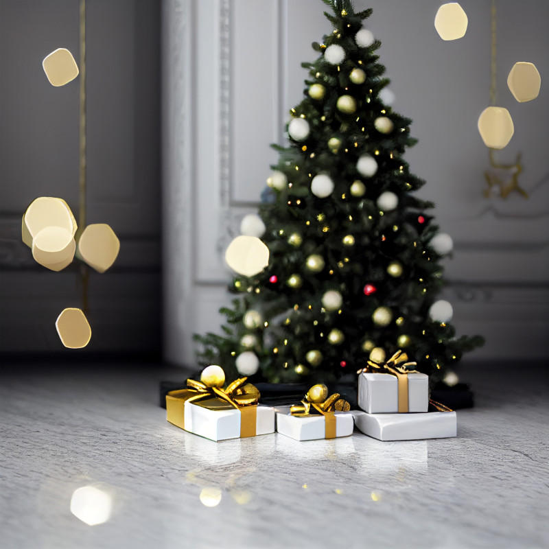 Christmas Tree with Gifts on Marble Floor Image