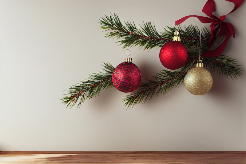 Christmas Balls and Fir Tree Branches Top View Image