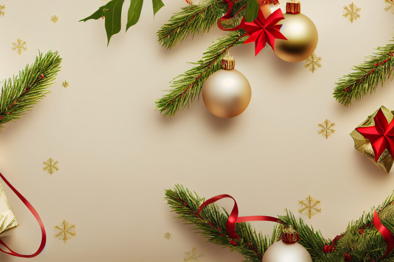 Golden Christmas Balls and Fir Tree Branches Top View