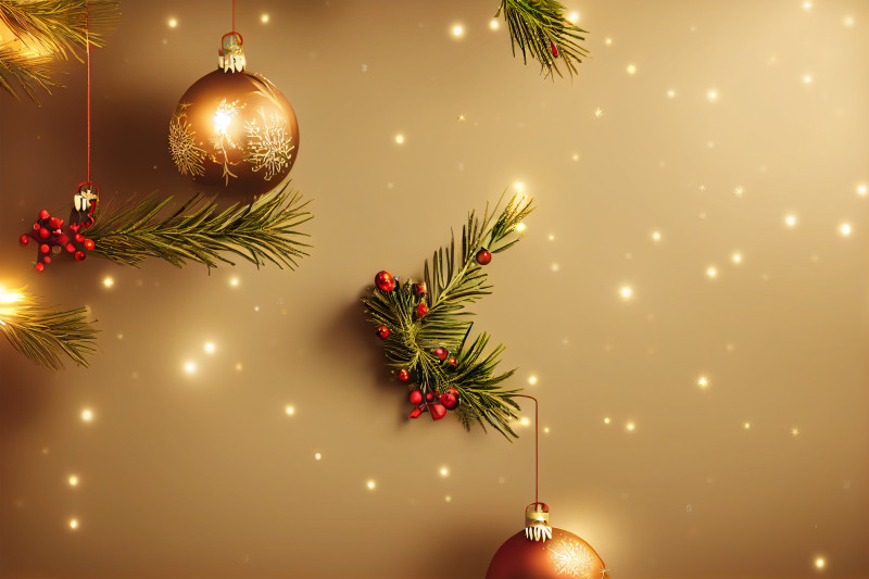 Golden Christmas Balls and Fir Tree Branches Top View Image