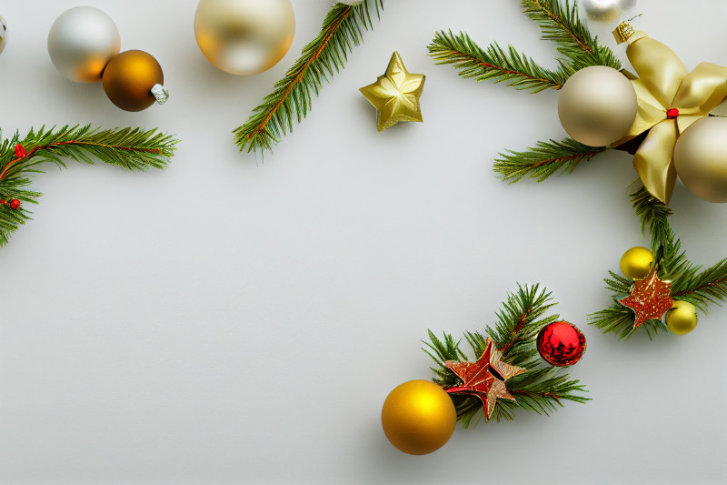 Golden Christmas Balls and Fir Tree Branches Top View Image
