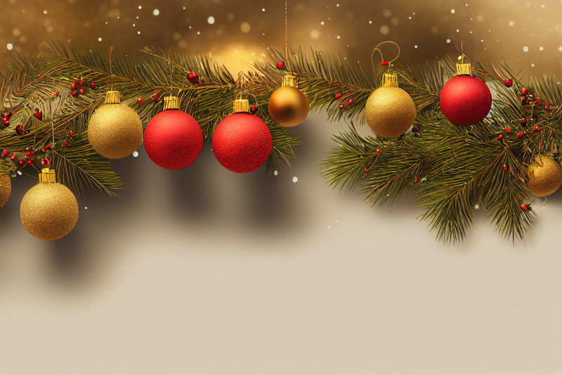 Gold and Red Christmas Balls and Fir Tree Branches Top View