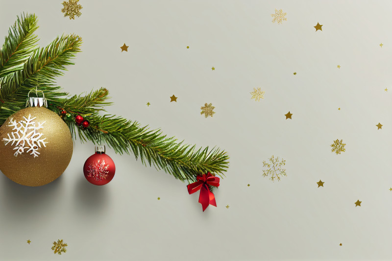Gold and Red Christmas Balls and Fir Tree Branches Top View Image