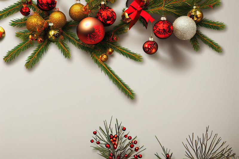 Gold and Red Christmas Balls and Fir Tree Branches Top View Image