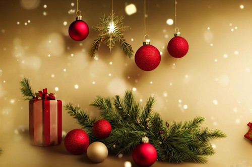 Gold and Red Christmas Balls and Fir Tree Branches Top View Image
