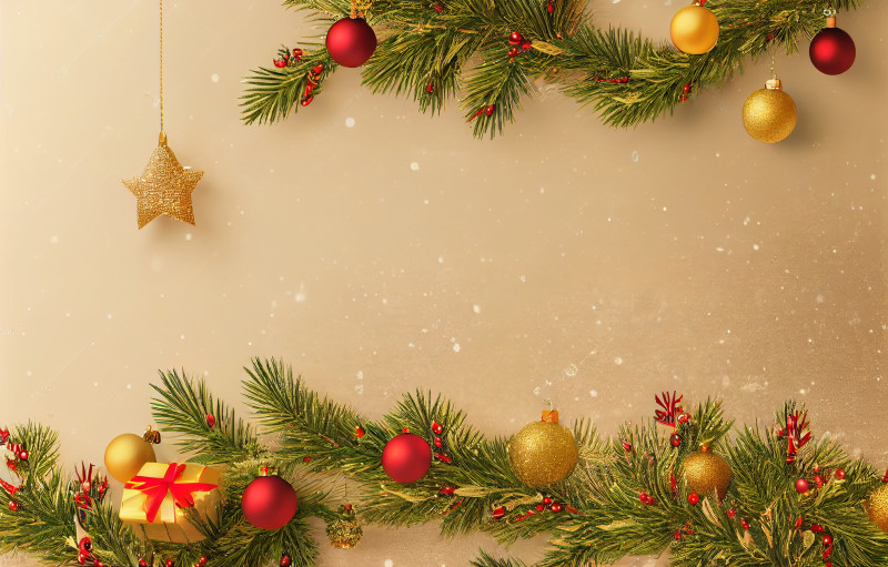 Gold and Red Christmas Balls and Fir Tree Branches Top View