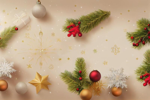Gold and Red Christmas Balls and Fir Tree Branches Top View Image