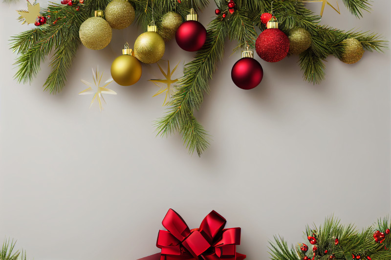 Gold and Red Christmas Balls and Fir Tree Branches Top View