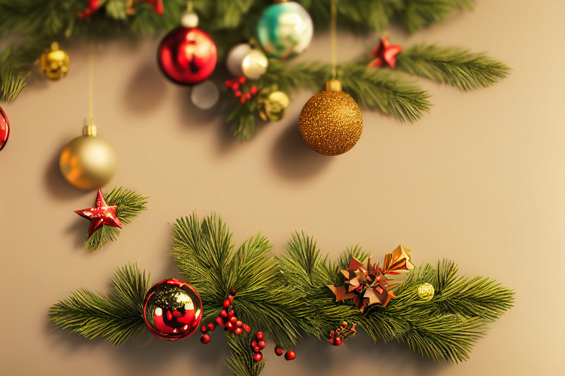 Gold and Red Christmas Balls and Fir Tree Branches Top View Image