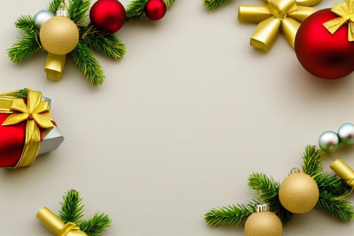 Gold and Red Christmas Balls and Fir Tree Branches Top View Image